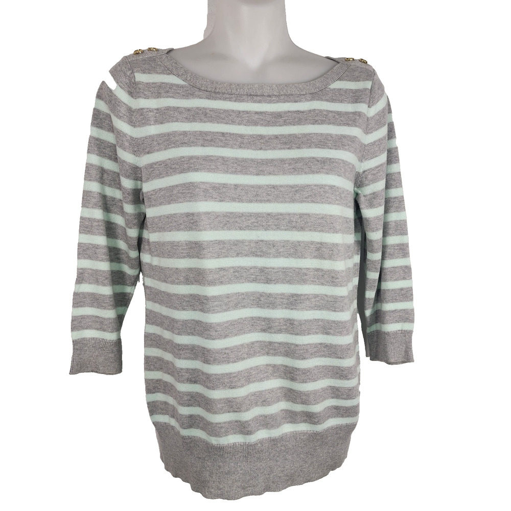 Gap Women's Pullover Sweater M Gray Mint Striped Gold Shoulder Buttons Boatneck